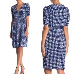 Eliza J Surplice Faux Wrap Mini Dress with Ruched Sleeves Blue Polka Dot | 4